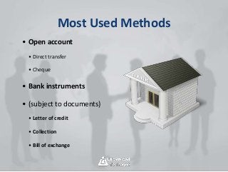 Most Used Methods
• Open account
• Direct transfer
• Cheque
• Bank instruments
• (subject to documents)
• Letter of credit
• Collection
• Bill of exchange
 
