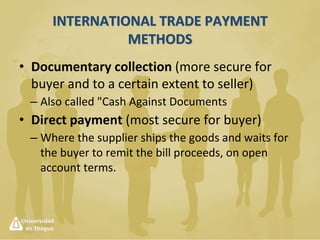 International Trade Payment Methods
Letter of Credit
Documentary
Collection
Foreign
Remittances
Payment
Orders
Current
Accounts in
Foreign
Currency
Foreign
Warranty
Foreign
Permission
 