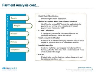 | Financial Services
Payment Analysis cont…
The information contained in this presentation is proprietary.
Copyright ©2011 Capgemini. All rights reserved.
9
P
A
Y
M
E
N
T
P
R
O
C
E
S
S
I
N
G
S
T
A
G
E
S
Capture
Analysis
Decision
Delivery
Completion
• Credit Chain Identification
Determining the first in credit chain
• Method of Payment (MOP) selection and validation
Identifying the various MOP that can be applicable to the
payments and running some validation on it to see if
payment suits the selected MOP
• FX Rate Conversion
If the payment involves FX then determining the rate
applicable and amount conversion using it
• Credit account identification
Based on MOP selected identifying the credit account which
maybe an individual account or a settlement account
• Special Instruction
Customer might have some special instructions with the
bank e.g. all dollar debit make from a certain account. These
are evaluated in this stage
• Cut off
Evaluating the cut offs of various method of payments and
bank internal cut offs as well
 