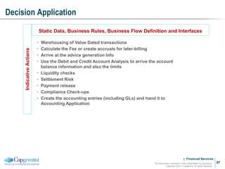 | Financial Services
Decision Application
The information contained in this presentation is proprietary.
Copyright ©2011 Capgemini. All rights reserved.
27
• Warehousing of Value Dated transactions
• Calculate the Fee or create accruals for later-billing
• Arrive at the advice generation Info
• Use the Debit and Credit Account Analysis to arrive the account
balance information and also the limits
• Liquidity checks
• Settlement Risk
• Payment release
• Compliance Check-ups
• Create the accounting entries (including GLs) and hand it to
Accounting Application
Indicative
Actions
Static Data, Business Rules, Business Flow Definition and Interfaces
 