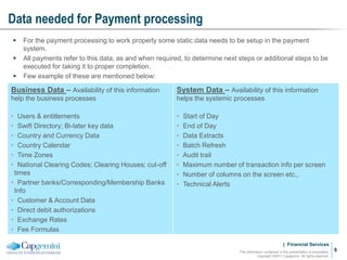 | Financial Services
Data needed for Payment processing
The information contained in this presentation is proprietary.
Copyright ©2011 Capgemini. All rights reserved.
5
 For the payment processing to work properly some static data needs to be setup in the payment
system.
 All payments refer to this data, as and when required, to determine next steps or additional steps to be
executed for taking it to proper completion.
 Few example of these are mentioned below:
Business Data – Availability of this information
help the business processes
• Users & entitlements
• Swift Directory; Bi-later key data
• Country and Currency Data
• Country Calendar
• Time Zones
• National Clearing Codes; Clearing Houses; cut-off
times
• Partner banks/Corresponding/Membership Banks
Info
• Customer & Account Data
• Direct debit authorizations
• Exchange Rates
• Fee Formulas
System Data – Availability of this information
helps the systemic processes
• Start of Day
• End of Day
• Data Extracts
• Batch Refresh
• Audit trail
• Maximum number of transaction info per screen
• Number of columns on the screen etc.,
• Technical Alerts
 