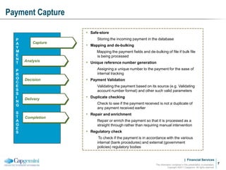 | Financial Services
Payment Capture
The information contained in this presentation is proprietary.
Copyright ©2011 Capgemini. All rights reserved.
7
P
A
Y
M
E
N
T
P
R
O
C
E
S
S
I
N
G
S
T
A
G
E
S
Capture
Analysis
Decision
Delivery
Completion
• Safe-store
Storing the incoming payment in the database
• Mapping and de-bulking
Mapping the payment fields and de-bulking of file if bulk file
is being processed
• Unique reference number generation
Assigning a unique number to the payment for the ease of
internal tracking
• Payment Validation
Validating the payment based on its source (e.g. Validating
account number format) and other such valid parameters
• Duplicate checking
Check to see if the payment received is not a duplicate of
any payment received earlier
• Repair and enrichment
Repair or enrich the payment so that it is processed as a
straight through rather than requiring manual intervention
• Regulatory check
To check if the payment is in accordance with the various
internal (bank procedures) and external (government
policies) regulatory bodies
 