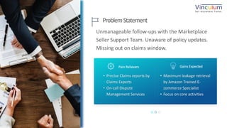 28P a g e
ProblemStatement
Unmanageable follow-ups with the Marketplace
Seller Support Team. Unaware of policy updates.
Missing out on claims window.
Pain Relievers Gains Expected
• Maximum leakage retrieval
by Amazon Trained E-
commerce Specialist
• Focus on core activities
• Precise Claims reports by
Claims Experts
• On-call Dispute
Management Services
 