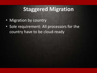 Staggered Migration
• Migration by country
• Sole requirement: All processors for the
country have to be cloud-ready
 