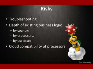 Risks
• Troubleshooting
• Depth of existing business logic
– by country,
– by processors,
– by use cases
• Cloud compatibility of processors
(src: Nintendo)
 