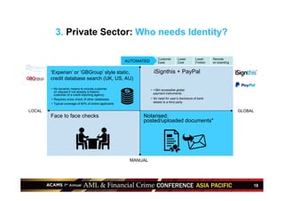 18
Customer
Ease
Lower
Cost
LOCAL
AUTOMATED
MANUAL
Notarised:
posted/uploaded documents*
‘Experian’ or ‘GBGroup’ style static,
credit database search (UK, US, AU)
Face to face checks
iSignthis + PayPal
GLOBAL
•  No dynamic means to include customer
on request if not already a historic
customer of a credit reporting agency.
•  Requires cross check of other databases.
•  Typical coverage of 60% of online applicants
•  >3Bn accessible global
payment instruments.
•  No need for user’s disclosure of bank
details to a third party.
Lower
Friction
Remote
on boarding
3. Private Sector: Who needs Identity?
 