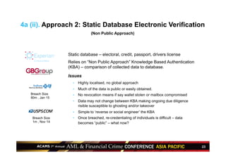23
Breach Size
80m , Jan 15
Breach Size
1m , Nov 14
Static database – electoral, credit, passport, drivers license
Relies on “Non Public Approach” Knowledge Based Authentication
(KBA) – comparison of collected data to database.
Issues
•  Highly localised, no global approach
•  Much of the data is public or easily obtained.
•  No revocation means if say wallet stolen or mailbox compromised
•  Data may not change between KBA making ongoing due diligence
risible susceptible to ghosting and/or takeover
•  Simple to ‘reverse or social engineer’ the KBA
•  Once breached, re-credentialing of individuals is difficult – data
becomes “public” – what now?
4a (ii). Approach 2: Static Database Electronic Verification
(Non Public Approach)
 