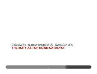 THE eCITY AS TOP DOWN CATALYST
Disruptive vs Top Down Change in US Payments in 2016
19
 