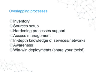 Overlapping processes
◎Inventory
◎Sources setup
◎Hardening processes support
◎Access management
◎In-depth knowledge of services/networks
◎Awareness
◎Win-win deployments (share your tools!)
 
