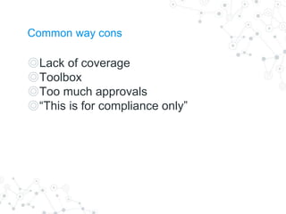 Common way cons
◎Lack of coverage
◎Toolbox
◎Too much approvals
◎“This is for compliance only”
 