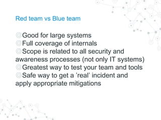 Red team vs Blue team
◎Good for large systems
◎Full coverage of internals
◎Scope is related to all security and
awareness processes (not only IT systems)
◎Greatest way to test your team and tools
◎Safe way to get a ’real’ incident and
apply appropriate mitigations
 
