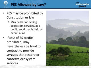 PES may be prohibited by Constitution or lawMay be bar on selling ecosystem services, as a public good that is held on behalf of allIf sale of ES credits prohibited, may nevertheless be legal to contract to provide services that restore or conserve ecosystem servicesPES Allowed by Law?