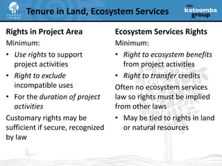 Land title not validly vested in local usersLand use arrangements poorly defined or recordedUnclear who has rights to ecosystem services revenue or whether transfer is permittedCommon Tenure Challenges