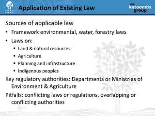 May apply to transaction in ecosystem services credits or to underlying project activitiesE.g. timber harvests, sales generally taxableTypes of taxes that may apply:Sales Tax & VAT – On value of transferred good, serviceIncome  Tax – On personal or corporate carbon revenueProperty Tax – On property valueDuties/tariffs – On value of imported or exported goodsCarbon Revenue  Tax – On carbon credits or projectsPotential Taxes