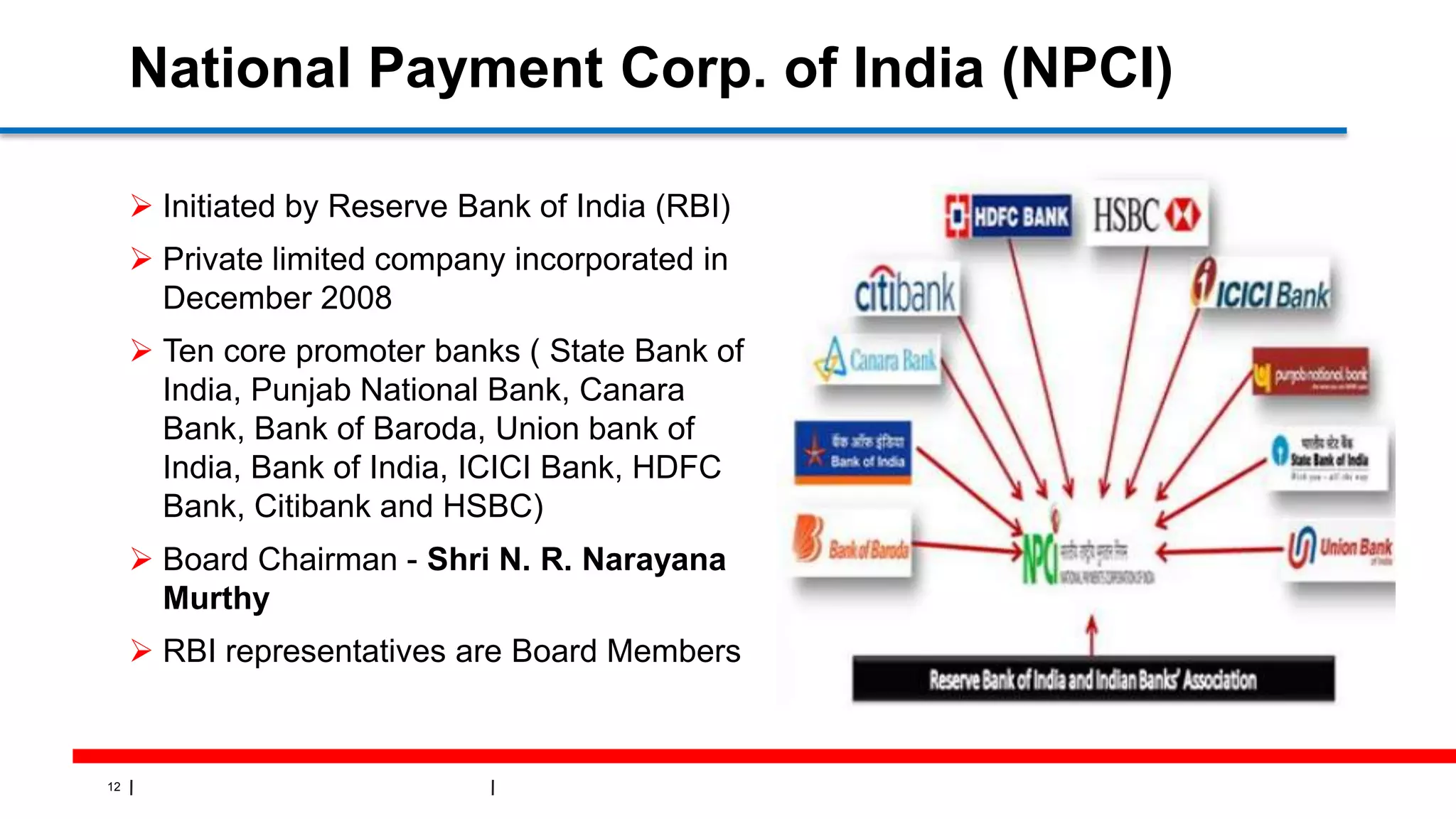 12
National Payment Corp. of India (NPCI)
 Initiated by Reserve Bank of India (RBI)
 Private limited company incorporated in
December 2008
 Ten core promoter banks ( State Bank of
India, Punjab National Bank, Canara
Bank, Bank of Baroda, Union bank of
India, Bank of India, ICICI Bank, HDFC
Bank, Citibank and HSBC)
 Board Chairman - Shri N. R. Narayana
Murthy
 RBI representatives are Board Members
 