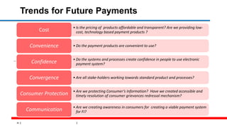 36
Trends for Future Payments
• Do the payment products are convenient to use?
• Is the pricing of products affordable and transparent? Are we providing low-
cost, technology based payment products ?Cost
• Do the payment products are convenient to use?Convenience
• Do the systems and processes create confidence in people to use electronic
payment system?Confidence
• Are all stake-holders working towards standard product and processes?Convergence
• Are we protecting Consumer’s Information? Have we created accessible and
timely resolution of consumer grievances redressal mechanism?Consumer Protection
• Are we creating awareness in consumers for creating a viable payment system
for FI?Communication
 