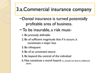 3.a.Commercial insurance company
~Dental insurance is turned potentially
profitable area of business.
~ To be insurable, a risk must-
1. Be precisely definable
2. Be of sufficient magnitude that if it occurs, it
constitutes a major loss
3. Be infrequent
4. Be of an unwanted nature
5. Be beyond the control of the individual
6. Not constitute a moral hazard. ie_should not lead to additional
claims
 