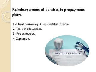 Reimbursement of dentists in prepayment
plans-
1- Usual, customary & reasonable(UCR)fee,
2- Table of allowances,
3- Fee schedules,
4-Capitation.
 