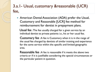 3.a.1- Usual, customary &reasonable (UCR)
fee,
 American Dental Association (ADA) prefer the Usual,
Customary and Reasonable [UCR] fee method for
reimbursement for dentist in prepayment plans.
Usual fee :The fee usually charged for a given service by an
individual dentist to private patients i.e., his or her usual fee.
Customary fee :A fee is Customary when it is in the range of
the usual fee charged by dentists of similar training and experience
for the same service within the specific and limited geographic
area.
Reasonable fee :A fee is reasonable if it meets the above two
criteria or if it is justifiable considering the special circumstances or
the particular patient in question.
 