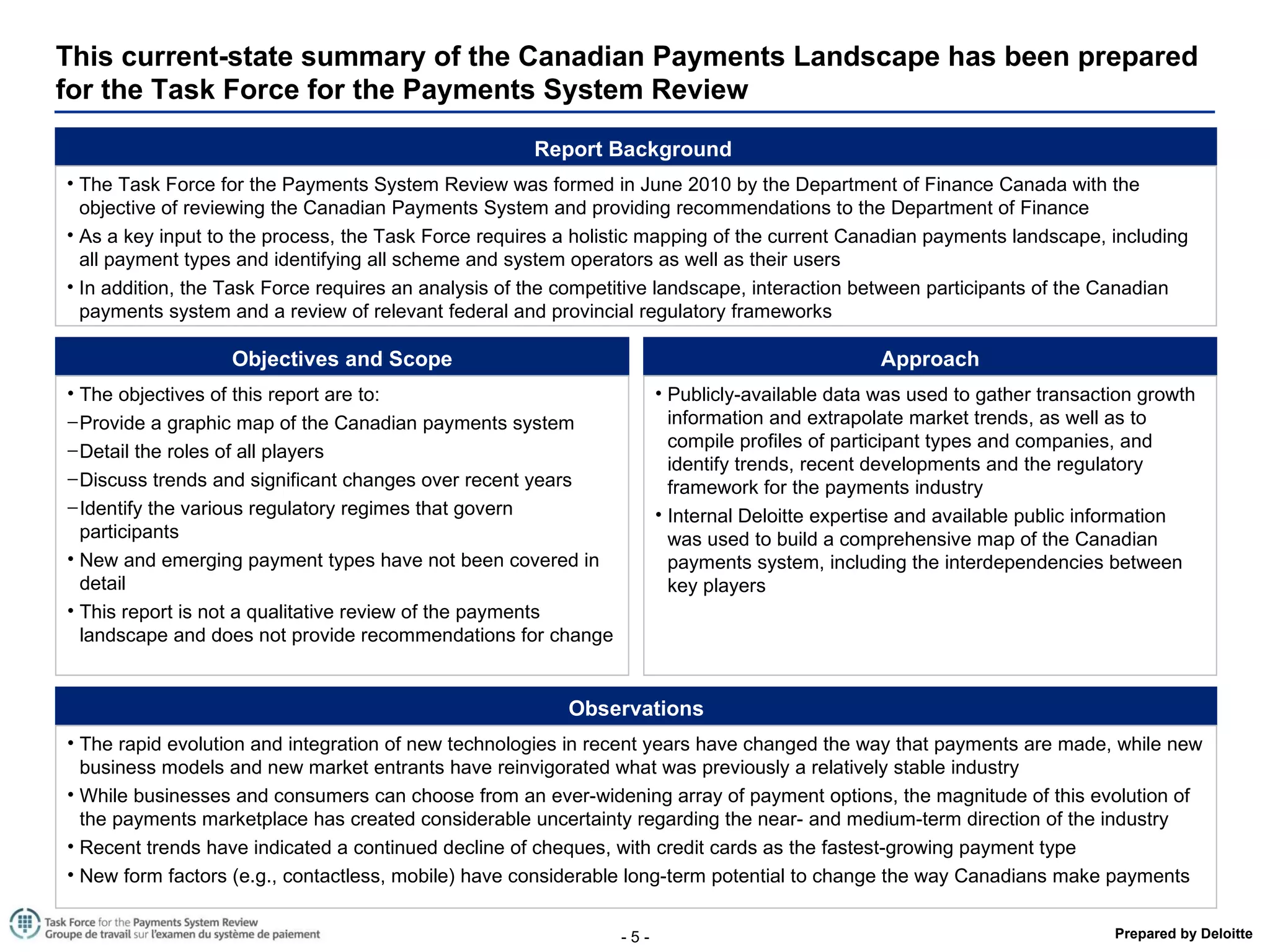 This current-state summary of the Canadian Payments Landscape has been prepared for the Task Force for the Payments System Review Report Background  The Task Force for the Payments System Review was formed in June 2010 by the Department of Finance Canada with the objective of reviewing the Canadian Payments System and prov iding  recommendations to the Department of Finance As a key input to the process, the Task Force requires a holistic mapping of the current Canadian payments landscape, including all payment types and identifying all scheme and system operators as well as their users In addition, the Task Force requires an analysis of the competitive landscape, interaction between participants of the Canadian payments system and a review of relevant federal and provincial regulatory frameworks Objectives and Scope The objectives of this report are to: Provide a graphic map of the Canadian payments system Detail the roles of all players Discuss trends and significant changes  over recent years Identify the various regulatory regimes that govern participants New and emerging payment types have not been covered in detail This report is not a qualitative review of the payments landscape and does not provide recommendations for change Observations The rapid evolution and integration of new technologies in recent years have changed the way that payments are made, while new business models and new market entrants have reinvigorated what was previously a relatively stable industry While businesses and consumers can choose from an ever-widening array of payment options, the magnitude of this evolution of the payments marketplace has created considerable uncertainty regarding the near- and medium-term direction of the industry Recent trends have indicated a continued decline of cheques, with credit cards as the fastest-growing payment type New form factors (e.g., contactless, mobile) have considerable long-term potential to change the way Canadians make payments Approach Publicly-available data was used to gather transaction growth information and extrapolate market trends, as well as to compile profiles of participant types and companies, and identify trends, recent developments and the regulatory framework for the payments industry Internal Deloitte expertise and available public information was used to build a comprehensive map of the Canadian payments system, including the interdependencies between key players  