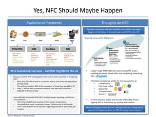 Yes, NFC Should Maybe Happen
                             Evolution of Payments                                                                      Thoughts on NFC
                                                                                                        Handset shipments with NFC enabled chips will be the single
                                                                                                         biggest critical factor in timing broad use of NFC in the U.S.

                                                                                                   Shared view with Mercator
   Barter            Coins                   Paper                  Plastic              Digital

                                                                                          ?
       RFID/NFC                  QRC                   Cardless                    SIM
   • POS / Phone              • Clumsy               • POS software           • Carriers still
     Upgrade                    experience             upgrade                  working out the
   • Fastest & Most           • POS add-on           • Unsecure                 details
     secure                   • Available            • Interchange rate?      • Safe and secure
   • Card present rate          today                • Ease of use            • Phone agnostic
   • Long-term winner                                • Doesn’t need a
                                                       device



   RFID Successful Overseas – Can that migrate to the US                                            •       Longer range RFID might also come across the ocean,
                                                                                                            enabling proximity based offers and marketing, something
  •    Octopus card first RFID rechargeable smart card in world- launched in Hong Kong                      like->
       1997:
       •   More than 20 million cards in circulation, nearly three times the population             •       First likely acceptance will be for micro-payments at:
           of Hong Kong.                                                                                        •      Convenience
       •   The cards are used by 95% of the population of Hong Kong aged 16 to 65                               •      Fast food, coffee
       •   Over 11 million daily transactions worth a total over HK$100 million                                 •      Gas pump
           (US$12.8 million) everyday.                                                                          •      Transportation
                                                                                                                •      Grocery
   •    Sony bitWallet first mobile RFID (NFC) wallet in Japan, operating on the Sony
        Felica platform                                                                             •       In-lane checkout speed and security will be key drivers
        •    More than 40,000 retail locations in first 5 years of operations                               tipping NFC as the winner vs. existing alternatives
        •    Accepted at all major convenience stores, railroads and at McDonalds
        •    First wallet platform to incorporate targeted ads based on spend and geo-              Many challenges remain but NFC will soon be here, though don’t
             location
                                                                                                     expect it to replace cards at the POS for many years to come.

Source: Wikipedia, company websites.
 