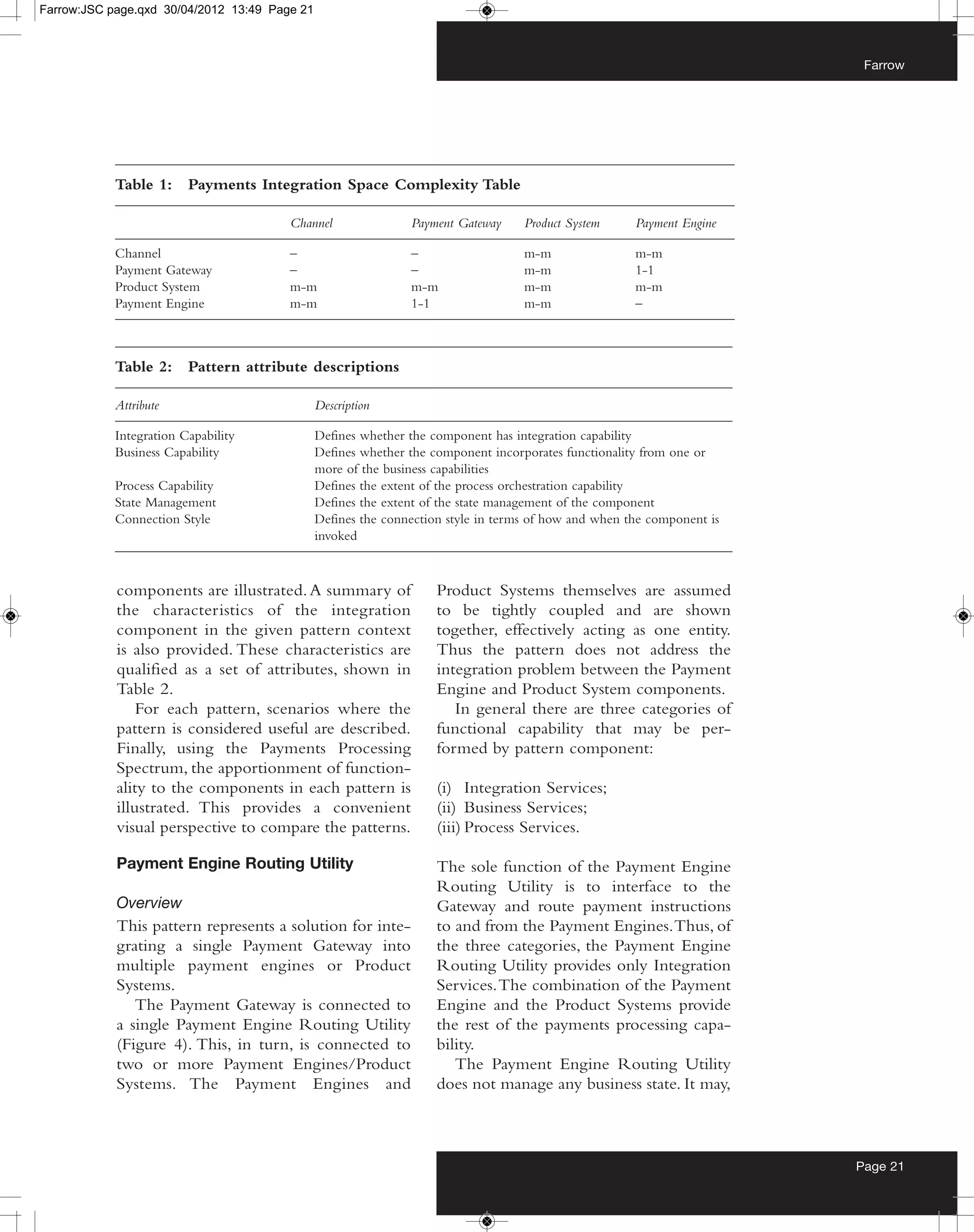 Farrow:JSC page.qxd 30/04/2012 13:49 Page 21



                                                                                                                         Farrow




            Table 1:     Payments Integration Space Complexity Table

                                        Channel                Payment Gateway     Product System     Payment Engine

            Channel                     –                      –                   m-m                m-m
            Payment Gateway             –                      –                   m-m                1-1
            Product System              m-m                    m-m                 m-m                m-m
            Payment Engine              m-m                    1-1                 m-m                –



            Table 2:     Pattern attribute descriptions

            Attribute                          Description

            Integration Capability             Defines whether the component has integration capability
            Business Capability                Defines whether the component incorporates functionality from one or
                                               more of the business capabilities
            Process Capability                 Defines the extent of the process orchestration capability
            State Management                   Defines the extent of the state management of the component
            Connection Style                   Defines the connection style in terms of how and when the component is
                                               invoked



            components are illustrated. A summary of                Product Systems themselves are assumed
            the characteristics of the integration                  to be tightly coupled and are shown
            component in the given pattern context                  together, effectively acting as one entity.
            is also provided. These characteristics are             Thus the pattern does not address the
            qualified as a set of attributes, shown in              integration problem between the Payment
            Table 2.                                                Engine and Product System components.
                For each pattern, scenarios where the                  In general there are three categories of
            pattern is considered useful are described.             functional capability that may be per-
            Finally, using the Payments Processing                  formed by pattern component:
            Spectrum, the apportionment of function-
            ality to the components in each pattern is              (i) Integration Services;
            illustrated. This provides a convenient                 (ii) Business Services;
            visual perspective to compare the patterns.             (iii) Process Services.

            Payment Engine Routing Utility                          The sole function of the Payment Engine
                                                                    Routing Utility is to interface to the
            Overview                                                Gateway and route payment instructions
            This pattern represents a solution for inte-            to and from the Payment Engines. Thus, of
            grating a single Payment Gateway into                   the three categories, the Payment Engine
            multiple payment engines or Product                     Routing Utility provides only Integration
            Systems.                                                Services. The combination of the Payment
               The Payment Gateway is connected to                  Engine and the Product Systems provide
            a single Payment Engine Routing Utility                 the rest of the payments processing capa-
            (Figure 4). This, in turn, is connected to              bility.
            two or more Payment Engines/Product                        The Payment Engine Routing Utility
            Systems. The Payment Engines and                        does not manage any business state. It may,



                                                                                                                        Page 21
 