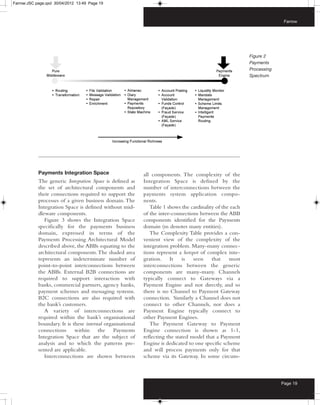 Farrow:JSC page.qxd 30/04/2012 13:49 Page 19



                                                                                                                         Farrow




                                                                                                           Figure 2
                                                                                                           Payments
                                                                                                           Processing
                                                                                                           Spectrum




            Payments Integration Space                      all components. The complexity of the
            The generic Integration Space is defined as     Integration Space is defined by the
            the set of architectural components and         number of interconnections between the
            their connections required to support the       payments system application compo-
            processes of a given business domain. The       nents.
            Integration Space is defined without mid-          Table 1 shows the cardinality of the each
            dleware components.                             of the inter-connections between the ABB
               Figure 3 shows the Integration Space         components identified for the Payments
            specifically for the payments business          domain (m denotes many entities).
            domain, expressed in terms of the                  The Complexity Table provides a con-
            Payments Processing Architectural Model         venient view of the complexity of the
            described above, the ABBs equating to the       integration problem. Many-many connec-
            architectural components. The shaded area       tions represent a hotspot of complex inte-
            represents an indeterminate number of           gration. It       is   seen    that    most
            point-to-point interconnections between         interconnections between the generic
            the ABBs. External B2B connections are          components are many-many. Channels
            required to support interaction with            typically connect to Gateways via a
            banks, commercial partners, agency banks,       Payment Engine and not directly, and so
            payment schemes and messaging systems.          there is no Channel to Payment Gateway
            B2C connections are also required with          connection. Similarly a Channel does not
            the bank’s customers.                           connect to other Channels, nor does a
               A variety of interconnections are            Payment Engine typically connect to
            required within the bank’s organisational       other Payment Engines.
            boundary. It is these internal organisational      The Payment Gateway to Payment
            connections within the Payments                 Engine connection is shown as 1-1,
            Integration Space that are the subject of       reflecting the stated model that a Payment
            analysis and to which the patterns pre-         Engine is dedicated to one specific scheme
            sented are applicable.                          and will process payments only for that
               Interconnections are shown between           scheme via its Gateway. In some circum-



                                                                                                                        Page 19
 