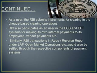 In 1881, the negotiable instrument act(NI). Formalizing usage of instruments like cheque, bills of exchange, promissory notes, provide legal framework for non-cash paper payment instrument.MILESTONES OF EVOLUTION OF PAYMENT SYSTEMS IN INDIA:The CLEARING SYSTEM in India provides a convenient and well established institutional mechanism to take care of the problem of physical delivery of instruments as well as funds transfer between different banks.Computerization of clearing operations was the first major step towards modernization of the payments system. The next important milestone was mechanization of the clearing operations with the introduction of Magnetic Ink Character Recognition (MICR) based cheque processing technology (in 1986) using High Speed Reader Sorter Systems (HSRS).