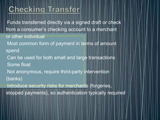 CONTINUED…Centralised Funds Management System (CFMS) – was introduced (in 2002) to facilitate better funds management by account holders with RBI byproviding on-line consolidated information about their transactions / balances across accounts maintained with Deposit Accounts Departments in different offices.Negotiated Dealing System / Securities Settlement System - NDS/SSS – was developed (in 2002) as a system to provide an electronic platform for trading and reporting of transactions in government securities market and to facilitate settlement of these transactions through the delivery versus payment mechanism.