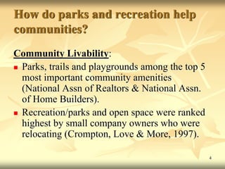 Community and Environmental Benefits of Parks and Recreation | PDF