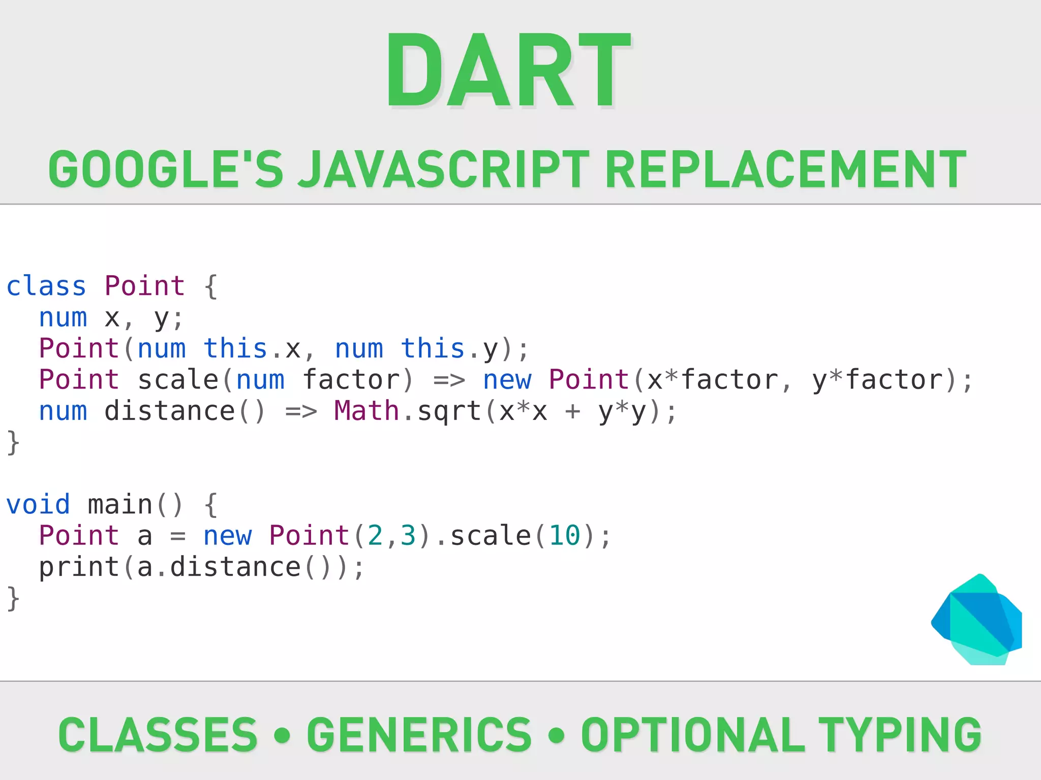 DART
  GOOGLE'S JAVASCRIPT REPLACEMENT

class Point {
  num x, y;
  Point(num this.x, num this.y);
  Point scale(num factor) => new Point(x*factor, y*factor);
  num distance() => Math.sqrt(x*x + y*y);
}

void main() {
  Point a = new Point(2,3).scale(10);
  print(a.distance());
}




   CLASSES • GENERICS • OPTIONAL TYPING
 