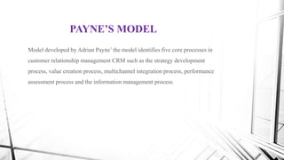 Model developed by Adrian Payne’ the model identifies five core processes in
customer relationship management CRM such as the strategy development
process, value creation process, multichannel integration process, performance
assessment process and the information management process.
PAYNE’S MODEL
 