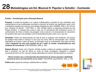 8Material elaborado para o Curso de Licenciatura em Música da UFRGS e Universidades Parceiras, do Programa Pró-Licenciaturas II da CAPES.
Produzido pela equipe do CAEF. Porto Alegre, 2009.
Schafer – Contribuições para a Educação Musical
Proposta: O projeto de Schafer é um “estudo multidisciplinar a respeito do som ambiental, suas
características e suas modificações ocorridas no decorrer da história, seu significado, assim como
o simbolismo desses sons para as comunidades atingidas por eles” (GOMES, 2004, p. 8). Em seu
livro “Afinação do Mundo” (1977/1997, p. 330), Schafer define os seguintes princípios de seu
Projeto Acústico: 1) respeito pelo ouvido e pela voz; 2) consciência pelo simbolismo sonoro; 3)
conhecimento de ritmos e tempos da paisagem sonora natural e 4) compreensão do mecanismo
de equilíbrio pelo qual uma paisagem sonora desequilibrada pode voltar a ser o que era.
Atividades: Podem ser desenvolvidas em sala de aula ou qualquer outro ambiente, com grupos
de qualquer faixa etária e enfoque no som que nos cerca. Não há preocupação com o estudo
sistemático de música a partir da teoria, da formação vocal ou instrumental, mas antes de tudo,
“com o despertar de uma nova maneira de ser e estar no mundo, caracterizada por uma
mudança de consciência” (FONTERRADA, 2008, p. 195).
Notação Musical: Assim como Paynter, Schafer propõe a prática de notação analógica durante
todo o processo; ao final da oficina ou curso ou ainda cronograma; apresenta a notação
convencional como um fim, mas sem estudo sistemático da música. Sempre polêmico, provoca:
“Quem inventou que o entusiasmado descobrimento da música preceda a habilidade
musical de tocar um instrumento ou ler notas?” (SCHAFER, apud FREGA, 1997, p. 116)
Público alvo: grupos de crianças, adolescentes ou adultos.
28Metodologias em Ed. Musical II: Paynter e Schafer - Conteúdo
Didática
da Música
 