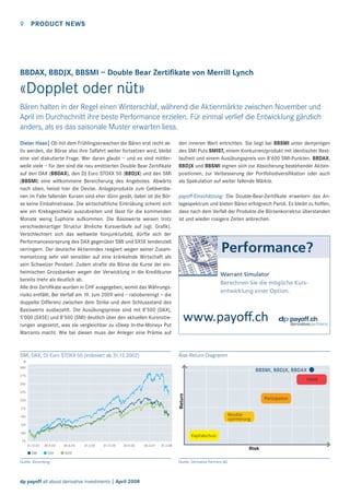 9

PRODUCT NEWS

BBDAX, BBDJX, BBSMI – Double Bear Zertiﬁkate von Merrill Lynch

«Dopplet oder nüt»
Bären halten in der Regel einen Winterschlaf, während die Aktienmärkte zwischen November und
April im Durchschnitt ihre beste Performance erzielen. Für einmal verlief die Entwicklung gänzlich
anders, als es das saisonale Muster erwarten liess.
Dieter Haas| Ob mit dem Frühlingserwachen die Bären erst recht aktiv werden, die Börse also ihre Talfahrt weiter fortsetzen wird, bleibt
eine viel diskutierte Frage. Wer daran glaubt – und es sind mittlerweile viele – für den sind die neu emittierten Double Bear Zertiﬁkate
auf den DAX (BBDAX), den DJ Euro STOXX 50 (BBDJX) und den SMI
(BBSMI) eine willkommene Bereicherung des Angebotes. Abwärts
nach oben, heisst hier die Devise. Anlageprodukte zum Geldverdienen im Falle fallender Kursen sind eher dünn gesät, dabei ist die Börse keine Einbahnstrasse. Die wirtschaftliche Eintrübung scheint sich
wie ein Krebsgeschwür auszubreiten und lässt für die kommenden
Monate wenig Euphorie aufkommen. Die Basiswerte weisen trotz
verschiedenartiger Struktur ähnliche Kursverläufe auf (vgl. Graﬁk).
Verschlechtert sich das weltweite Konjunkturbild, dürfte sich der
Performancevorsprung des DAX gegenüber SMI und SX5E tendenziell
verringern. Der deutsche Aktienindex reagiert wegen seiner Zusammensetzung sehr viel sensibler auf eine kränkelnde Wirtschaft als
sein Schweizer Pendant. Zudem strafte die Börse die Kurse der einheimischen Grossbanken wegen der Verwicklung in die Kreditkurse
bereits mehr als deutlich ab.
Alle drei Zertiﬁkate wurden in CHF ausgegeben, womit das Währungsrisiko entfällt. Bei Verfall am 19. Juni 2009 wird – ratiobereinigt – die
doppelte Differenz zwischen dem Strike und dem Schlussstand des
Basiswerts ausbezahlt. Die Ausübungspreise sind mit 8’500 (DAX),
5’000 (SX5E) und 8’500 (SMI) deutlich über den aktuellen Kursnotierungen angesetzt, was sie vergleichbar zu «Deep In-the-Money» Put
Warrants macht. Wie bei diesen muss der Anleger eine Prämie auf

SMI, DAX, DJ Euro STOXX 50 (indexiert ab 31.12.2002)

den inneren Wert entrichten. Sie liegt bei BBSMI unter demjenigen
des SMI Puts SMIST, einem Konkurrenzprodukt mit identischer Restlaufzeit und einem Ausübungspreis von 8’600 SMI-Punkten. BBDAX,
BBDJX und BBSMI eignen sich zur Absicherung bestehender Aktienpositionen, zur Verbesserung der Portfoliodiversiﬁkation oder auch
als Spekulation auf weiter fallende Märkte.
payoff-Einschätzung: Die Double-Bear-Zertiﬁkate erweitern das Anlagespektrum und bieten Bären erfolgreich Paroli. Es bleibt zu hoffen,
dass nach dem Verfall der Produkte die Börsenkorrektur überstanden
ist und wieder rosigere Zeiten anbrechen.

Risk-Return-Diagramm

%
300

BBSMI, BBDJX, BBDAX

275

Hebel

250

Return

225
220
175

Partizipation
Renditeoptimierung

150
125
100

Kapitalschutz

75
31.12.02

30.9.03

30.6.04

SMI

DAX

SX5E

31.3.05

31.12.05

30.9.06

Quelle: Bloomberg

dp payoff all about derivative investments | April 2008

30.6.07

31.3.08

Risk
Quelle: Derivative Partners AG

 
