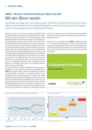 8

PRODUCT NEWS

SMISH – Bärisches Twin-Win-Zertiﬁkat der UBS auf den SMI

Mit den Bären tanzen
Durchforstet der Anleger die in der Schweiz kotierten Zertiﬁkate nach Short-Produkten, ﬁndet er kaum
Zählbares. Das bärische Twin-Win-Zertiﬁkat SMISH gehört zu den raren Spezies unter den Anlageprodukten, die schwergewichtig auf ein Negativszenario setzen.
Dieter Haas| Nach vier fetten Jahren im Zeitraum 2003-2007 steppt
seit Mitte des letzten Jahres der Bär. Die Aussichten für die kommenden
Monate sind weiterhin durchzogen, um es milde auszudrücken. Stetig
steigende Rohstoffpreise haben die Hoffnungen auf Zinssenkungen im
europäischen Raum zunichte gemacht. Schlimmer noch, die Gefahr,
dass die hiesigen Notenbanken demnächst ihre Leitsätze erhöhen müssen scheint mittlerweile sehr real. Die Frage ist lediglich, ob es sich um
eine einmalige Geschichte handelt oder ob eine mehrstuﬁge Zinsanpassung bevorsteht. Noch hoffen die Märkte, dass mit einer einzigen Aktion
die Inﬂationsgefahren genügend eingedämmt werden können. Vor dem
Hintergrund möglicherweise gravierender Ernteausfälle in den USA und
dem ungebrochenen Energiehunger der aufstrebenden Länder stehen
die Chancen für eine baldige Eindämmung der aus der Wunderlampe
entwichenen Teuerung aber alles andere als rosig. Hinzu kommt eine
nach wie vor schwellende Finanzkrise, welche noch längst nicht ausgestanden ist. Den Börsen dürfte daher in den kommenden Monaten
weiteres Ungemach bevorstehen.
Damit ist es höchste Zeit, das Depot mit gewissen Schutzmechanismen
auszustatten. Ein sehr attraktives, wenig riskantes Anlageprodukt ist
SMISH. Wie eingangs erwähnt, gehört es zur Kategorie der bärischen
Twin-Win-Zertiﬁkate. Im Gegensatz zur klassischen Variante ist das
Schwergewicht auf sinkende Kurse gelegt. So partizipiert der Anleger
unterhalb des Strikes von 8785 SMI Indexpunkten mit dem Faktor 0,96.
Oberhalb des Strikes beträgt die Beteiligung eher magere 0,25. Der
Kick-out Level liegt bei 12’299 und ist somit weit entfernt vom aktuellen
Indexstand. Die Gefahr, dass es bis zum Verfall am 2. März 2010 zu einer Schwellenverletzung kommen wird, scheint aus heutiger Sicht sehr
gering. Das Ganze funktioniert vortrefﬂich, wie der Graﬁk entnommen

Bärisches Twin-Win SMISH auf den SMI versus Basiswert

werden kann. Aktuell liegt das im März 2007 ausgegebene Zertiﬁkat
leicht unter dem theoretischen Wert, der allerdings erst bei Verfall von
Bedeutung sein wird.
payoff-Einschätzung: Der Anleger hat mit SMISH die Möglichkeit nahezu
1:1 vom weiteren Kurszerfall des SMI zu proﬁtieren. Dank des leichten
Abschlages zum theoretischen Wert kommt er im Sekundärhandel, auch
unter Berücksichtigung der Spreadkosten von durchschnittlich bescheidenen 0,50 Prozent, sehr günstig zu diesem Produkt. Ein Kauf, der sich
lohnen dürfte!

Strukturierte Produkte
à la carte.

www.scoach.ch

Risk-Return-Diagramm

13’000

Hebel

12’000

SMISH
Return

11’000
11’000

Partizipation

9’000

Renditeoptimierung

8’000
7’000

Kapitalschutz

6’000

März 07

Juni 07

SMI

SMISH

Sept. 07
Strike

Dez. 07
Kick-out-Level

März 08

Juni 08

Risk

theoretischer Wert-SMISH

Quelle: Bloomberg

dp payoff all about derivative investments | Juli 2008

Quelle: Derivative Partners AG

 