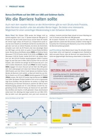 11

PRODUCT NEWS

Bonus-Zertiﬁkate auf den SMI von UBS und Goldman Sachs

Wo die Barriere halten sollte
Auch nach dem rasanten Absturz an den Aktienmärkten gibt es noch Strukturierte Produkte,
deren Barrieren deutlich unter den aktuellen Werten liegen. Sie bieten eine interessante
Möglichkeit für einen vorsichtigen Wiedereinstieg in den Schweizer Aktienmarkt.
Martin Plüss| Den Oktober 2008 werden die Anleger nicht so
schnell vergessen. Vom 3. bis 17. Oktober büsste der SMI ganze 22
Prozent ein. Bei der Credit Suisse Group und der Swiss Re machte
der Verlust sogar nahezu 40 Prozent aus. Entsprechend wurde erneut bei einer Vielzahl von Zertiﬁkaten die Barriere durchbrochen. Es
gibt aber nach wie vor etliche Produkte, bei denen die Sicherheitsschwellen noch mehr als 20 Prozent unter dem derzeitigen Stand
des SMI liegen und die damit ein gutes Chancen-Risiko-Verhältnis
bieten. Bei den Bonus-Zertiﬁkaten weisen SMIXL von Goldman Sachs
(Bonuswert 7797.20 Punkte, Verfall 15.02.2010) und PPAAI der UBS
(Bonuswert 9105.46 Punkte, Verfall 20.07.2011) die tiefsten Barrieren auf. Mit 4210.49 Punkten beziehungsweise 4188.51 Punkten
liegen sie zwar über dem im März 2003 erreichten Tief von 3675.40
Punkten, aber immerhin bei weniger als 50 Prozent des am 4. Juni
2007 erzielten Allzeithochs. Aktuell wird PPAAI mit einem Aufpreis,
SMIXL dagegen mit einem Discount auf den Wert des SMI gehandelt. Darin widerspiegelt sich neben dem höheren Bonusniveau des
UBS-Produkts auch der höhere Credit Spread von Goldman Sachs.
Werden die Barrieren nicht verletzt, so lässt sich damit bis zum Verfall ein Gewinn von 40 Prozent (SMIXL) beziehungsweise 52 Prozent
(PPAAI) erzielen. Mit 3620.29 Punkten liegt die Barriere bei SMIMX
noch tiefer. Bei diesem Produkt handelt es sich um ein so genanntes
High Score Zertiﬁkat. Wird die Barriere nie verletzt, so erfolgt eine
Rückzahlung zum höchsten Schlusskurs, welchen der SMI an einem
Beobachtungstag (jeweils der 24. eines Monats) erreicht hat. Gegenwärtig sind das 9392.42 Punkte, der Stand vom 24. April 2007.
Das Zertiﬁkat wird Quanto in EUR gehandelt. Etwas abschreckend
wirken kann hier allerdings die lange Laufzeit bis zum März 2013.
Was bis dahin noch alles geschieht, kann jetzt noch niemand abBonus-Zertiﬁkate auf den SMI

schätzen. Immerhin wird das Papier aktuell mit einem Abschlag von
rund 10 Prozent auf den Wert des SMI gehandelt.
Bei all diesen Produkten ist zu beachten, dass sich ihr Wert erst
gegen Ende der Laufzeit dem Bonusniveau annähert. Vorher folgt ihr
Kursverlauf der Entwicklung des Basiswerts, da ja immer die Gefahr
der Barrierenverletzung besteht.
payoff-Einschätzung: Keine Baisse dauert ewig. Die aktuellen Aktienkurse haben schon viel Ungemach vorweggenommen. Deshalb besteht eine gute Chance, dass die Barrieren der besprochenen Produkte den gegenwärtigen Abschwung unbeschadet zu überstehen.

EFG Financial Products AG
Brandschenkestrasse 90
P.O. Box 1686, CH-8027 Zurich
Phone +41 58 800 1111, www.efgfp.com

SETZEN SIE AUF ROHSTOFFE.
KAPITALSCHUTZ ZERTIFIKAT MIT
COUPON & INDIVIDUELLEN CAPS
ZEICHNUNGSSCHLUSS 31.10.2008

Weitere Informationen auf www.efgfp.com
oder besuchen Sie uns am Messestand E9
und erfahren Sie mehr über Transparenz &
Sicherheit.
23. + 24. Oktober 2008 Kongresshaus Zürich
Diese Publikation dient nur zu Informationszwecken und stellt weder eine Empfehlung zum Erwerb von Finanzprodukten noch eine Offerte oder Einladung zur Offertstellung dar. Alle Angaben sind
ohne Gewähr. Die in diesem Dokument erwähnten Finanzprodukte sind derivative Finanzinstrumente. Sie qualiﬁzieren nicht als Anteile einer kollektiven Kapitalanlage im Sinne von Art. 7 ff. des
schweizerischen Bundesgesetzes über die kollektiven Kapitalanlagen (KAG) und sind daher weder registriert noch überwacht von der Eidgenössischen Bankenkommission. Dieses Inserat stellt keinen
vereinfachten Prospekt im Sinne von Art. 5 KAG sowie kein Kotierungsinserat im Sinne des Kotierungsreglementes dar. Die massgebende Produktdokumentation kann direkt bei EFG Financial Products
AG unter Tel. +41 (0)58 800 1111, Fax +41 (0)58 800 1010 oder über E-Mail: termsheet@efgfp.com bezogen werden.
© EFG Financial Products AG. Alle Rechte vorbehalten.

Risk-Return-Diagramm

11000

SMIXL, PPAAI,
SMIMX

10000

Return

9000
8000
7000

Partizipation

6000

Renditeoptimierung

5000
4000

Kapitalschutz

3000

13.10.98
SMI

13.10.00

13.10.02

Barriere SMIXL und PPAAI

13.10.04

13.10.06

13.10.08

Risk

Barriere SMIMX

Quelle: Bloomberg, SWX

dp payoff all about derivative investments | Oktober 2008

Quelle: Derivative Partners AG

Hebel

 