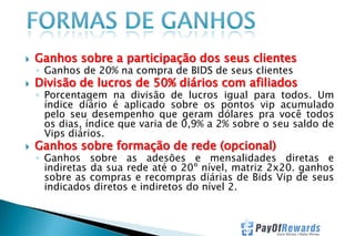 

Ganhos sobre a participação dos seus clientes



Divisão de lucros de 50% diários com afiliados



Ganhos sobre formação de rede (opcional)

◦ Ganhos de 20% na compra de BIDS de seus clientes

◦ Porcentagem na divisão de lucros igual para todos. Um
índice diário é aplicado sobre os pontos vip acumulado
pelo seu desempenho que geram dólares pra você todos
os dias, índice que varia de 0,9% a 2% sobre o seu saldo de
Vips diários.
◦ Ganhos sobre as adesões e mensalidades diretas e
indiretas da sua rede até o 20º nível, matriz 2x20. ganhos
sobre as compras e recompras diárias de Bids Vip de seus
indicados diretos e indiretos do nível 2.

 