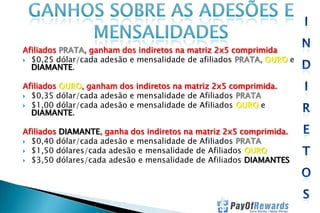 Afiliados PRATA, ganham dos indiretos na matriz 2x5 comprimida
 $0,25 dólar/cada adesão e mensalidade de afiliados PRATA, OURO e
DIAMANTE.
Afiliados OURO, ganham dos indiretos na matriz 2x5 comprimida.
 $0,35 dólar/cada adesão e mensalidade de Afiliados PRATA
 $1,00 dólar/cada adesão e mensalidade de Afiliados OURO e
DIAMANTE.
Afiliados DIAMANTE, ganha dos indiretos na matriz 2x5 comprimida.
 $0,40 dólar/cada adesão e mensalidade de Afiliados PRATA
 $1,50 dólares/cada adesão e mensalidade de Afiliados OURO
 $3,50 dólares/cada adesão e mensalidade de Afiliados DIAMANTES

 