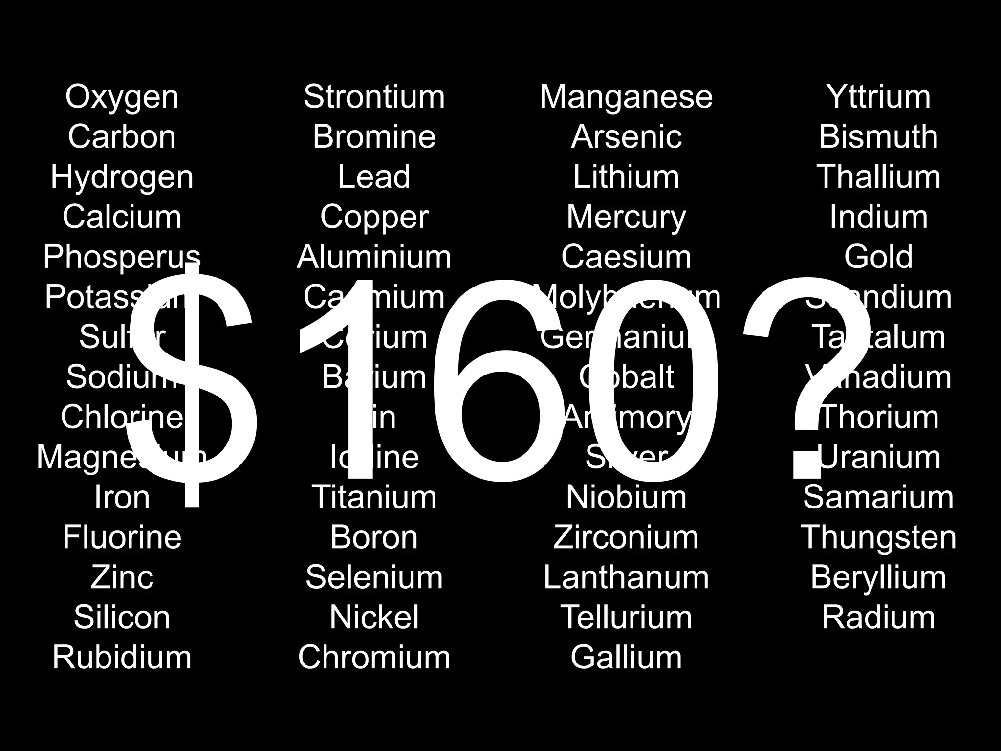 Oxygen    Strontium   Manganese      Yttrium
  Carbon     Bromine      Arsenic     Bismuth
 Hydrogen      Lead       Lithium     Thallium
  Calcium    Copper       Mercury      Indium
Phosperus   Aluminium    Caesium        Gold




    $160?
Potassium   Cadmium     Molybdenum   Scandium
   Sulfur     Cerium    Germanium     Tantalum
  Sodium      Barium       Cobalt    Vanadium
 Chlorine       Tin      Antimory     Thorium
Magnesium     Iodine       Silver     Uranium
    Iron     Titanium     Niobium    Samarium
 Fluorine     Boron      Zirconium   Thungsten
    Zinc    Selenium    Lanthanum     Beryllium
  Silicon     Nickel     Tellurium     Radium
 Rubidium   Chromium      Gallium
 