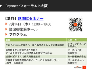 7月14日（木）13:00 – 18:00
難波御堂筋ホール
プログラム
10
Payoneerフォーラムin大阪
演題 スピーカー
今こそAmazonで海外へ 海外販売のトレンドと成功事例
アマゾンジャパン
合同会社
価格競争から脱却するために！
ツールを使ってOEM向け商品を見つける方法
ピースパイス
株式会社
越境ECビジネスで使える配送とは 日本郵便株式会社
世界最大の卸売問屋の町イーウーのクロスボーダー
eコマースの現状
ゴールドバッハ
株式会社
【無料】越境ECセミナー
 