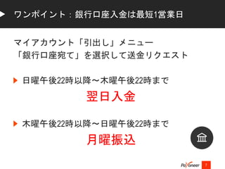 マイアカウント「引出し」メニュー
「銀行口座宛て」を選択して送金リクエスト
日曜午後22時以降～木曜午後22時まで
翌日入金
木曜午後22時以降～日曜午後22時まで
月曜振込
7
ワンポイント：銀行口座入金は最短1営業日
 