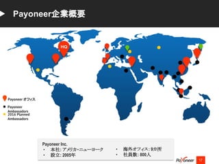 17
Payoneer企業概要
Payoneer オフィス
Payoneer
Ambassadors
2016 Planned
Ambassadors
Payoneer Inc.
• 本社: アメリカ・ニューヨーク
• 設立: 2005年
• 海外オフィス: 9カ所
• 社員数: 800人
 