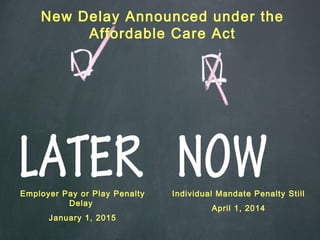 Employer Pay or Play Penalty
Delay
January 1, 2015
Individual Mandate Penalty Still
April 1, 2014
New Delay Announced under the
Affordable Care Act
 