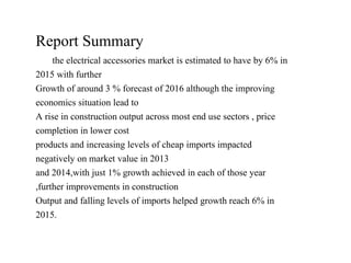 Report Summary
the electrical accessories market is estimated to have by 6% in
2015 with further
Growth of around 3 % forecast of 2016 although the improving
economics situation lead to
A rise in construction output across most end use sectors , price
completion in lower cost
products and increasing levels of cheap imports impacted
negatively on market value in 2013
and 2014,with just 1% growth achieved in each of those year
,further improvements in construction
Output and falling levels of imports helped growth reach 6% in
2015.
 