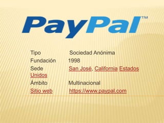 Tipo                   Sociedad Anónima Fundación        1998 Sede                 San José, CaliforniaEstados Unidos Ámbito              Multinacional Sitio webhttps://www.paypal.com 