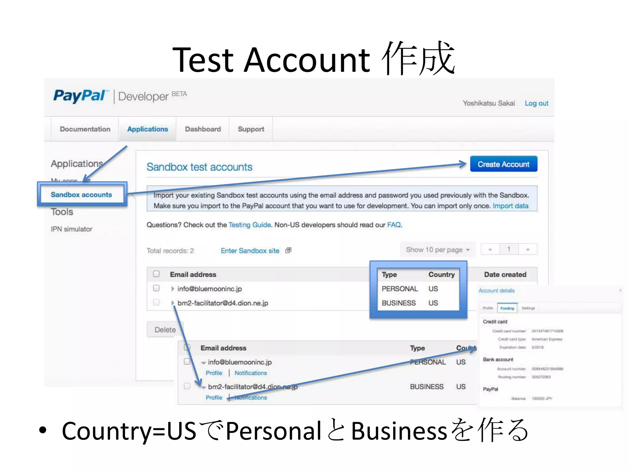 Test Account 作成
• Country=USでPersonalとBusinessを作る
 