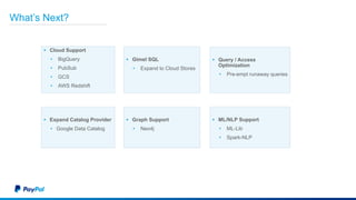 What’s Next?
• Expand Catalog Provider
• Google Data Catalog
• Cloud Support
• BigQuery
• PubSub
• GCS
• AWS Redshift
• Gimel SQL
• Expand to Cloud Stores
• Query / Access
Optimization
• Pre-empt runaway queries
• Graph Support
• Neo4j
• ML/NLP Support
• ML-Lib
• Spark-NLP
 