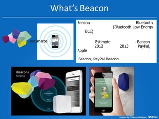 What’s Beacon
Beacon

Bluetooth
(Bluetooth Low Energy

BLE)

Apple

Estimote
2012

iBeacon, PayPal Beacon

2013

Beacon
Pa...