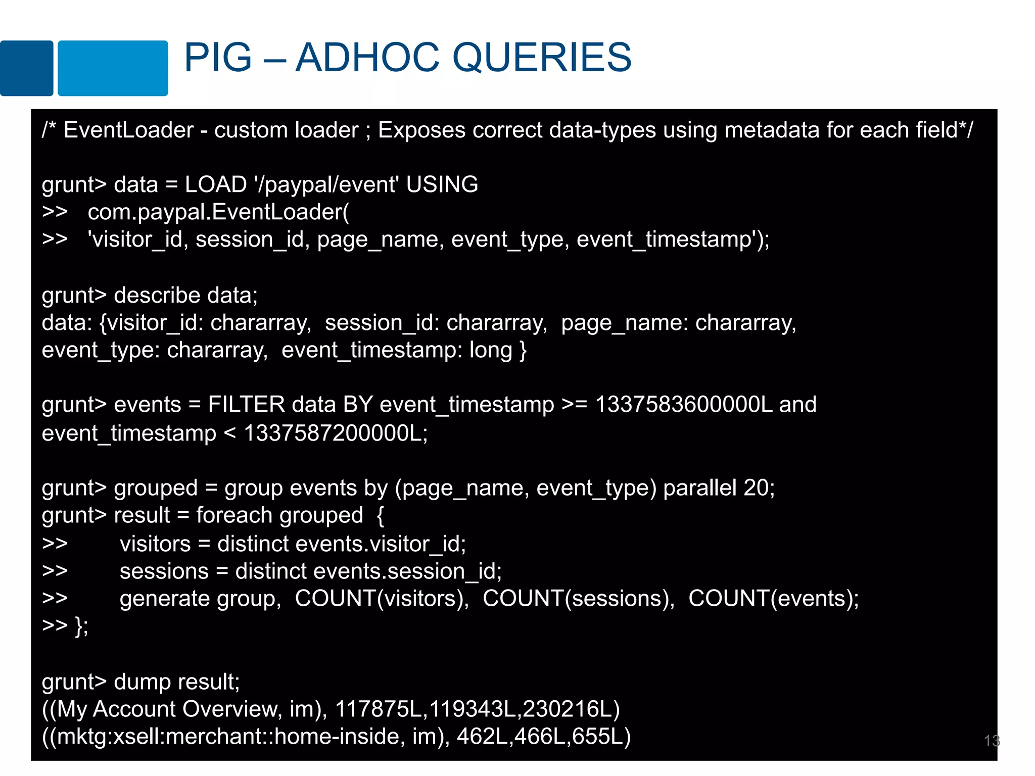 PIG – ADHOC QUERIES
/* EventLoader - custom loader ; Exposes correct data-types using metadata for each field*/

grunt> data = LOAD '/paypal/event' USING
>> com.paypal.EventLoader(
>> 'visitor_id, session_id, page_name, event_type, event_timestamp');

grunt> describe data;
data: {visitor_id: chararray, session_id: chararray, page_name: chararray,
event_type: chararray, event_timestamp: long }

grunt> events = FILTER data BY event_timestamp >= 1337583600000L and
event_timestamp < 1337587200000L;

grunt> grouped = group events by (page_name, event_type) parallel 20;
grunt> result = foreach grouped {
>>      visitors = distinct events.visitor_id;
>>      sessions = distinct events.session_id;
>>      generate group, COUNT(visitors), COUNT(sessions), COUNT(events);
>> };

grunt> dump result;
((My Account Overview, im), 117875L,119343L,230216L)
((mktg:xsell:merchant::home-inside, im), 462L,466L,655L)                                      13
 