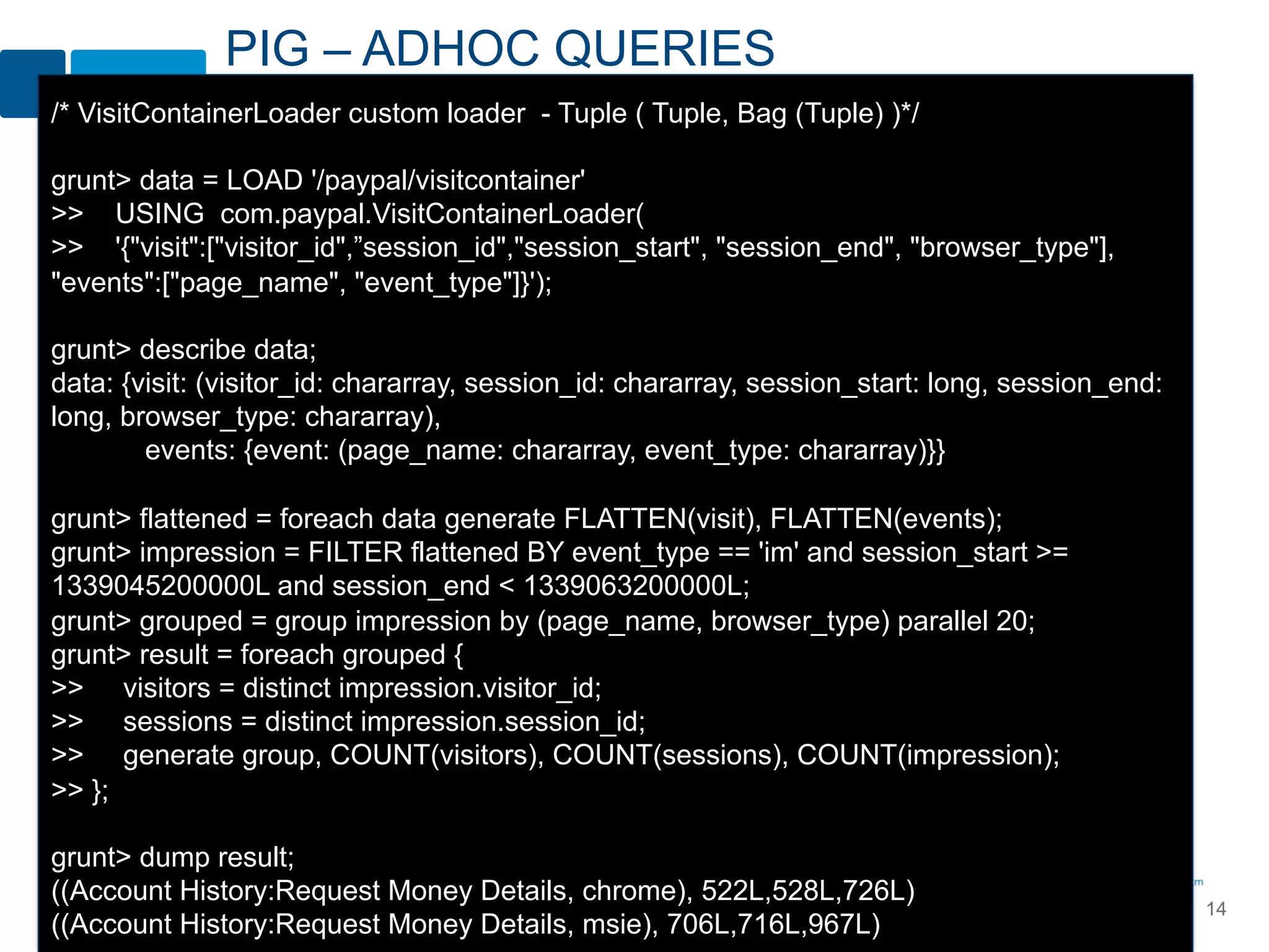 PIG – ADHOC QUERIES
/* VisitContainerLoader custom loader - Tuple ( Tuple, Bag (Tuple) )*/

grunt> data = LOAD '/paypal/visitcontainer'
>> USING com.paypal.VisitContainerLoader(
>> '{"visit":["visitor_id",”session_id","session_start", "session_end", "browser_type"],
"events":["page_name", "event_type"]}');

grunt> describe data;
data: {visit: (visitor_id: chararray, session_id: chararray, session_start: long, session_end:
long, browser_type: chararray),
        events: {event: (page_name: chararray, event_type: chararray)}}

grunt> flattened = foreach data generate FLATTEN(visit), FLATTEN(events);
grunt> impression = FILTER flattened BY event_type == 'im' and session_start >=
1339045200000L and session_end < 1339063200000L;
grunt> grouped = group impression by (page_name, browser_type) parallel 20;
grunt> result = foreach grouped {
>> visitors = distinct impression.visitor_id;
>> sessions = distinct impression.session_id;
>> generate group, COUNT(visitors), COUNT(sessions), COUNT(impression);
>> };

grunt> dump result;
((Account History:Request Money Details, chrome), 522L,528L,726L)
                                                                                                 14
((Account History:Request Money Details, msie), 706L,716L,967L)
 
